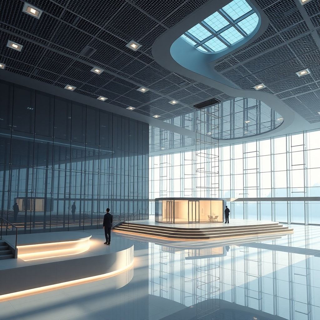 Abstract representation of AI agents collaborating on software development projects in 2026, with code, UI elements, and cloud infrastructure symbols.