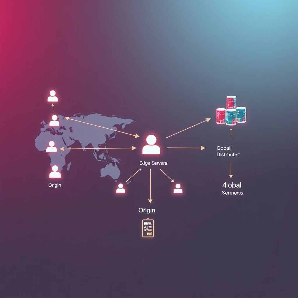 A conceptual diagram showing a global network with users connecting to edge nodes, which then interact with regional distributed compute clusters and global origin servers. Arrows indicate data flow and processing at different layers.